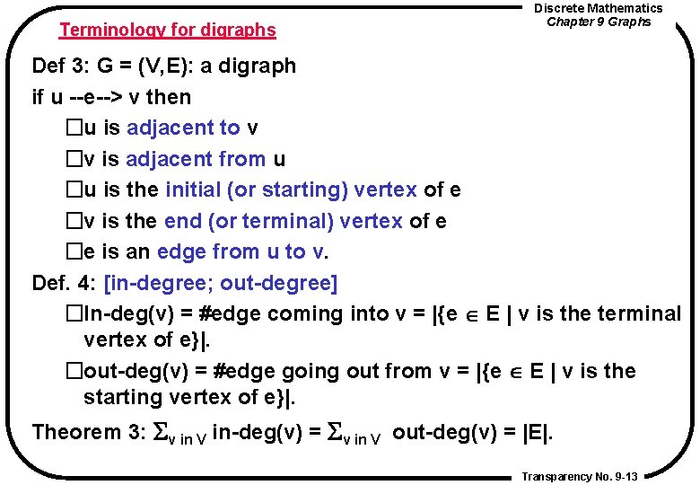 Terminology for digraphs Discrete Mathematics Chapter 9 Graphs Def 3: G = (V, E): Terminology for digraphs Discrete Mathematics Chapter 9 Graphs Def 3: G = (V, E):
