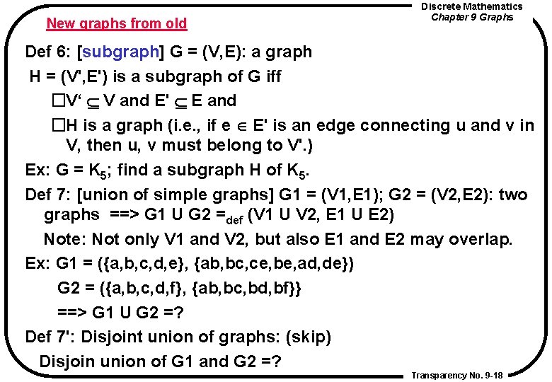 New graphs from old Discrete Mathematics Chapter 9 Graphs Def 6: [subgraph] G =