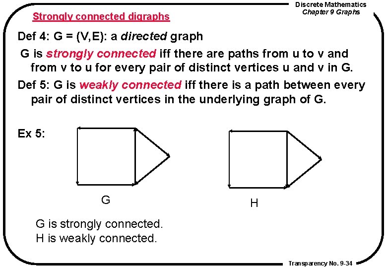 Discrete Mathematics Chapter 9 Graphs Strongly connected digraphs Def 4: G = (V, E):