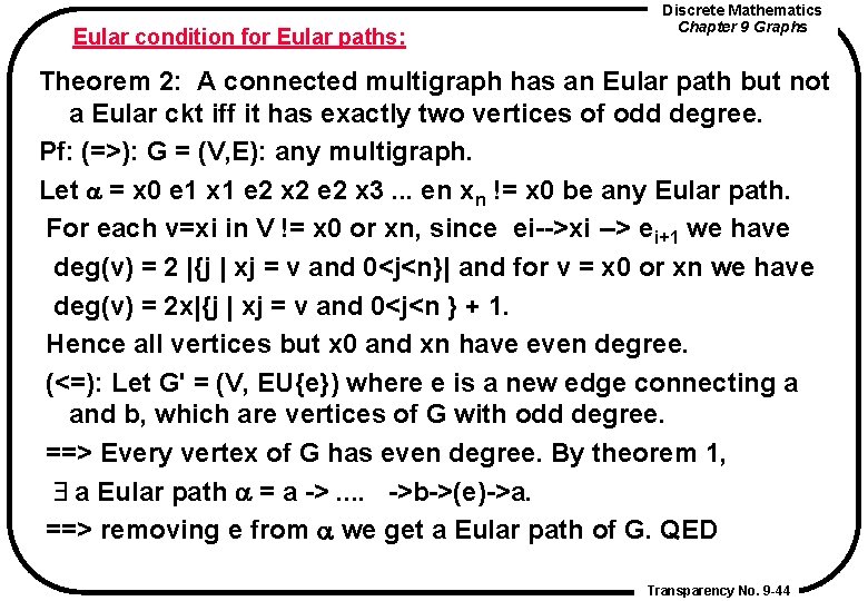 Eular condition for Eular paths: Discrete Mathematics Chapter 9 Graphs Theorem 2: A connected Eular condition for Eular paths: Discrete Mathematics Chapter 9 Graphs Theorem 2: A connected