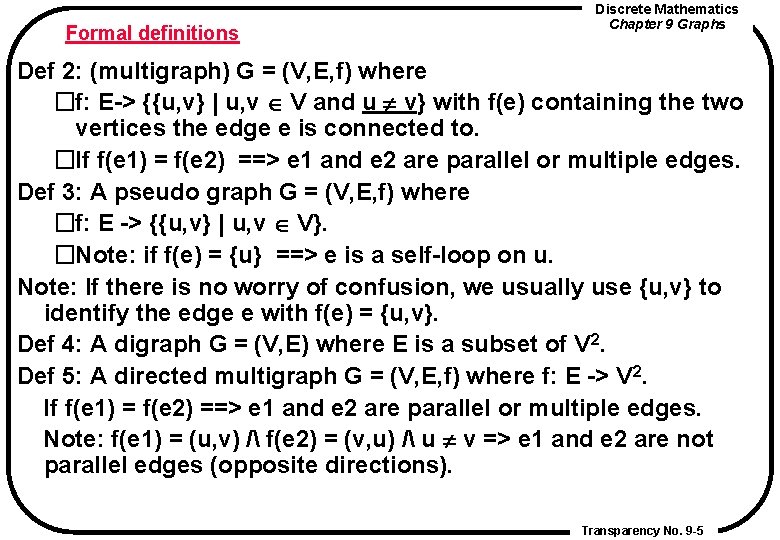 Formal definitions Discrete Mathematics Chapter 9 Graphs Def 2: (multigraph) G = (V, E,