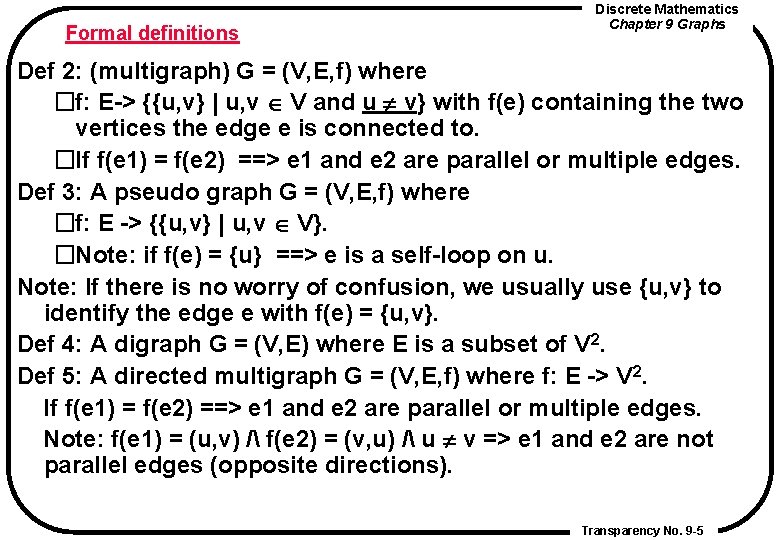 Formal definitions Discrete Mathematics Chapter 9 Graphs Def 2: (multigraph) G = (V, E, Formal definitions Discrete Mathematics Chapter 9 Graphs Def 2: (multigraph) G = (V, E,