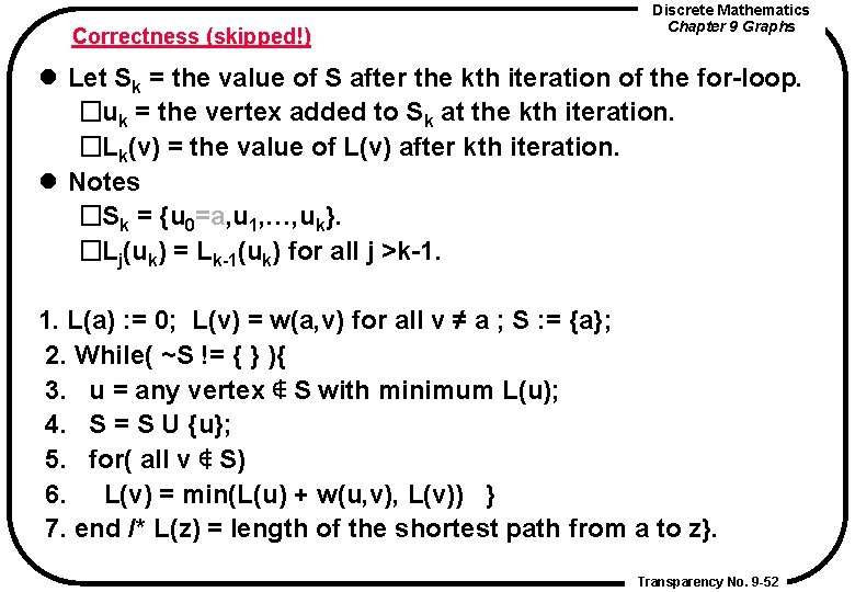 Correctness (skipped!) Discrete Mathematics Chapter 9 Graphs l Let Sk = the value of