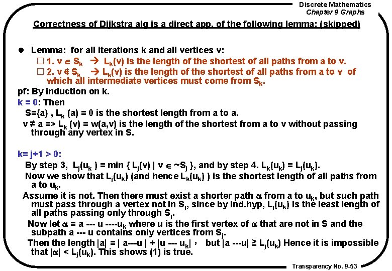 Discrete Mathematics Chapter 9 Graphs Correctness of Dijkstra alg is a direct app. of