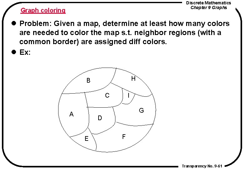 Discrete Mathematics Chapter 9 Graphs Graph coloring l Problem: Given a map, determine at
