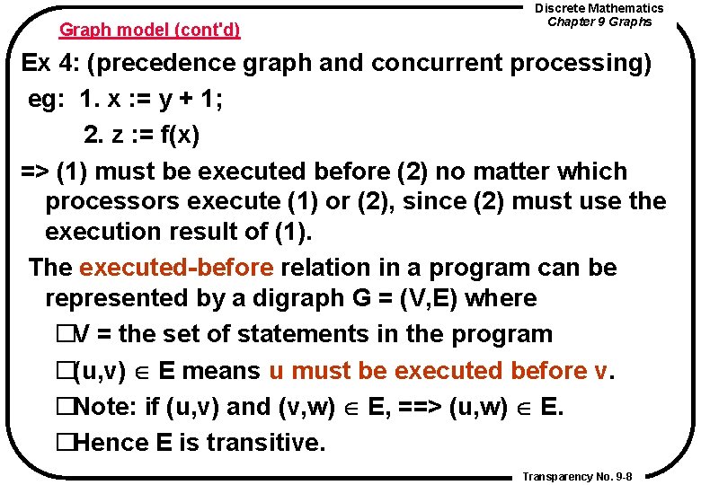 Graph model (cont'd) Discrete Mathematics Chapter 9 Graphs Ex 4: (precedence graph and concurrent