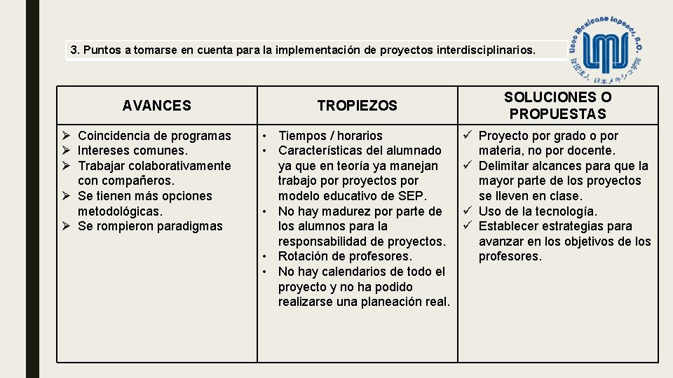 3. Puntos a tomarse en cuenta para la implementación de proyectos interdisciplinarios. AVANCES Ø