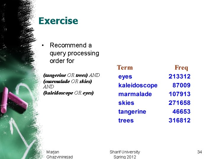 Exercise • Recommend a query processing order for (tangerine OR trees) AND (marmalade OR