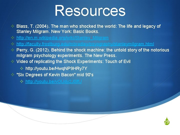 Resources ² Blass, T. (2004). The man who shocked the world: The life and