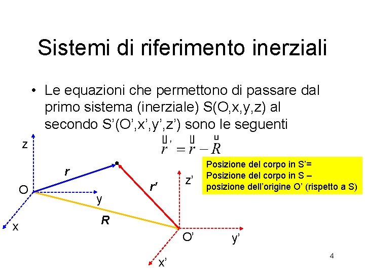 Sistemi di riferimento inerziali • Le equazioni che permettono di passare dal primo sistema