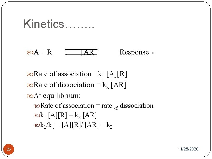 Kinetics……. . A + R [AR] Response Rate of association= k 1 [A][R] Rate