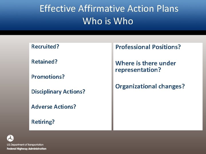 Effective Affirmative Action Plans Who is Who Recruited? Professional Positions? Retained? Where is there