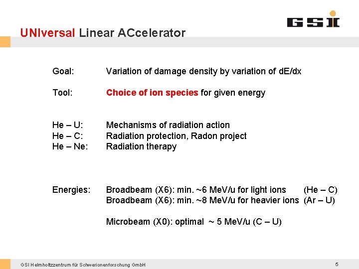 UNIversal Linear ACcelerator Goal: Variation of damage density by variation of d. E/dx Tool: