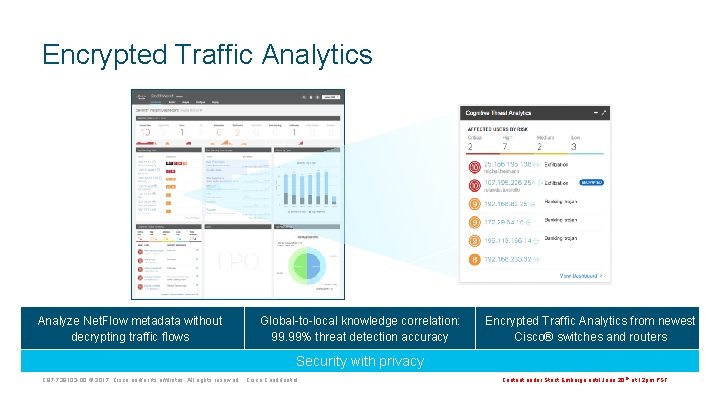 Encrypted Traffic Analytics Analyze Net. Flow metadata without decrypting traffic flows Global-to-local knowledge correlation: