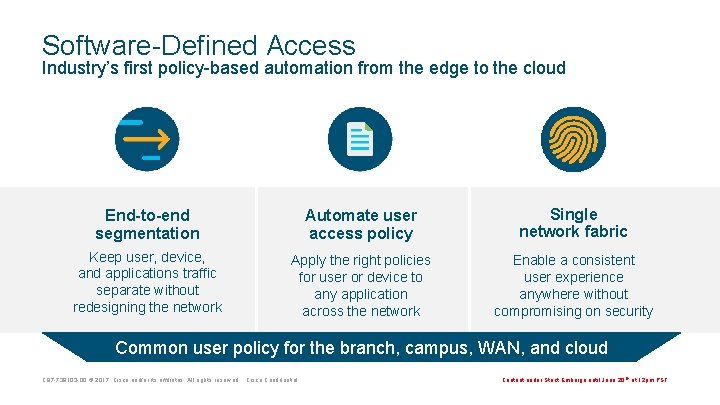 Software-Defined Access Industry’s first policy-based automation from the edge to the cloud End-to-end segmentation