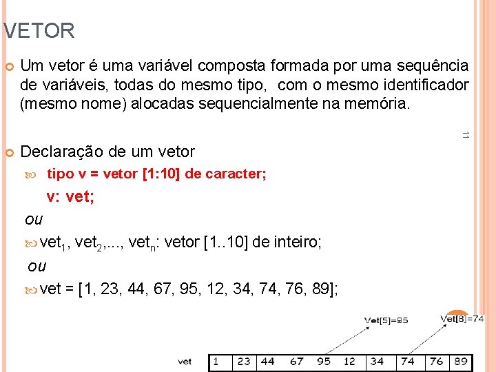 VETOR Um vetor é uma variável composta formada por uma sequência de variáveis, todas