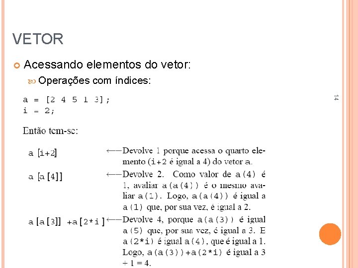 VETOR Acessando elementos do vetor: Operações com índices: 14 