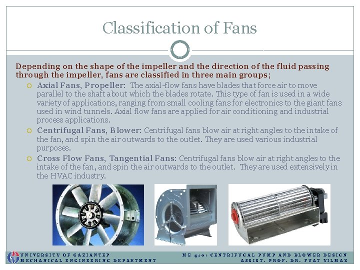 Classification of Fans Depending on the shape of the impeller and the direction of Classification of Fans Depending on the shape of the impeller and the direction of