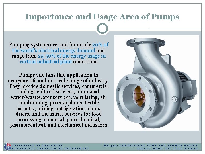 Importance and Usage Area of Pumps Pumping systems account for nearly 20% of the Importance and Usage Area of Pumps Pumping systems account for nearly 20% of the