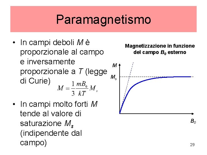 Paramagnetismo • In campi deboli M è proporzionale al campo e inversamente proporzionale a