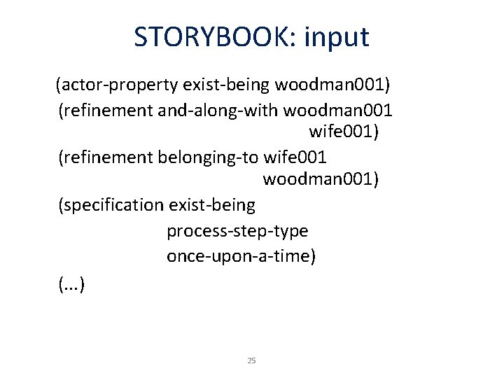 STORYBOOK: input (actor-property exist-being woodman 001) (refinement and-along-with woodman 001 wife 001) (refinement belonging-to
