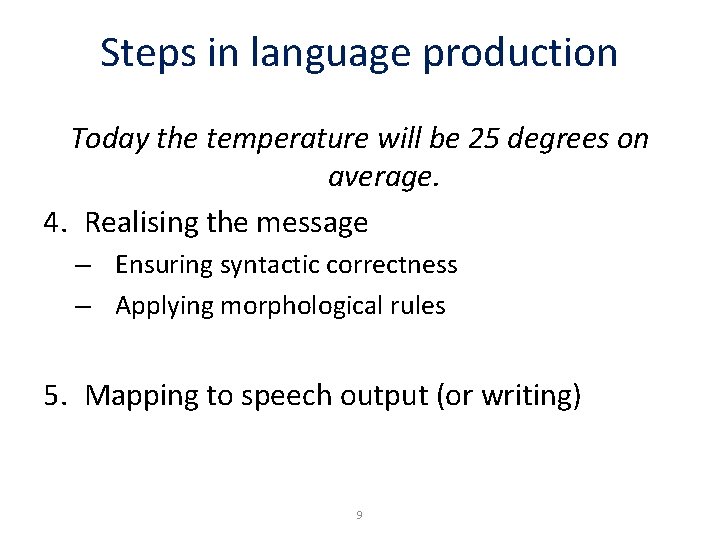 Steps in language production Today the temperature will be 25 degrees on average. 4.