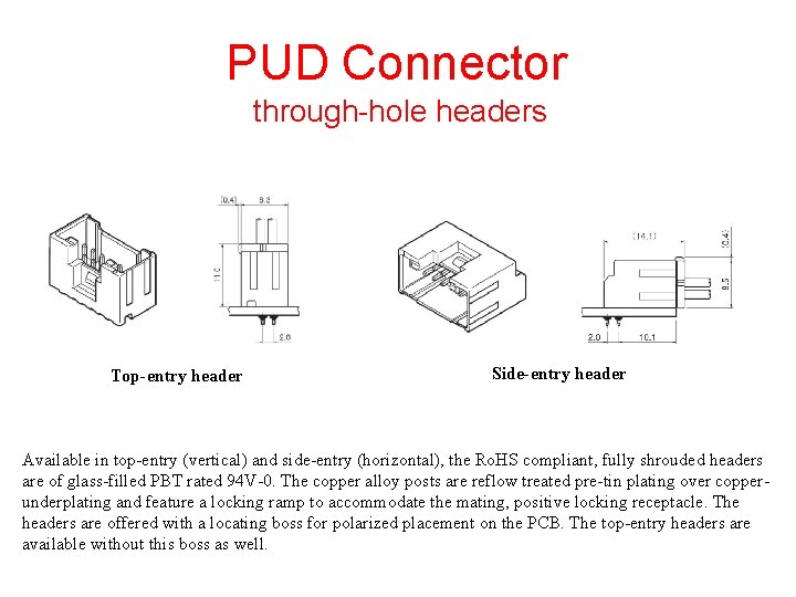 PUD Connector through-hole headers Top-entry header Side-entry header Available in top-entry (vertical) and side-entry