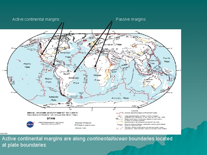 Active continental margins: Passive margins: Active continental margins are along continental/ocean boundaries located at