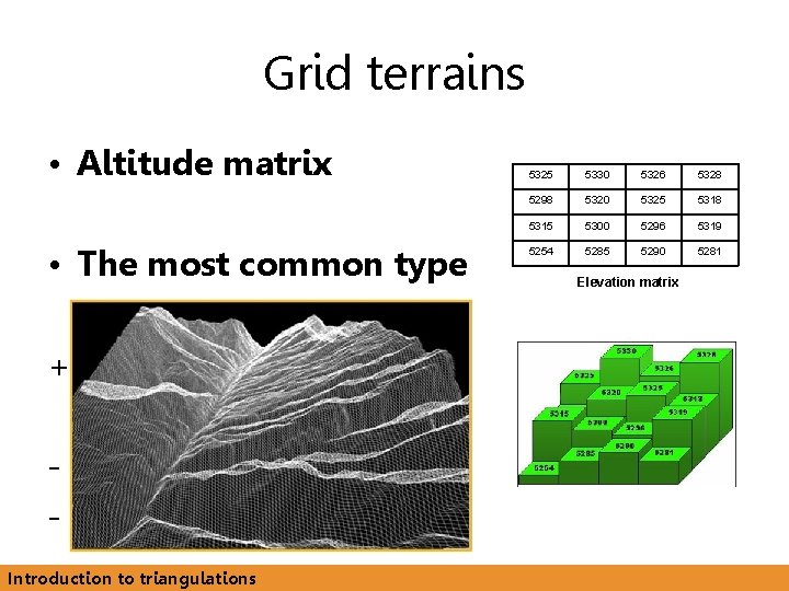 Grid terrains • Altitude matrix • The most common type + Very easy to