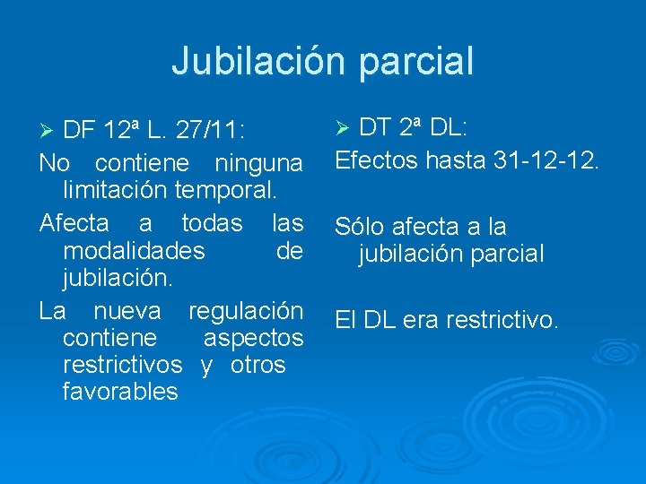 Jubilación parcial DF 12ª L. 27/11: No contiene ninguna limitación temporal. Afecta a todas