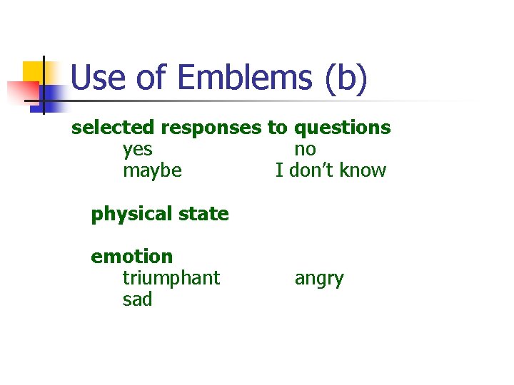 Use of Emblems (b) selected responses to questions yes no maybe I don’t know