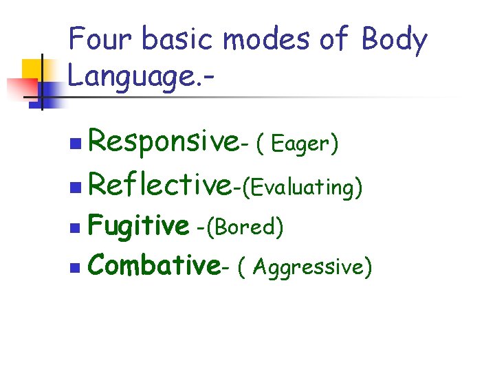 Four basic modes of Body Language. Responsive- ( Eager) n Reflective-(Evaluating) n Fugitive -(Bored) Four basic modes of Body Language. Responsive- ( Eager) n Reflective-(Evaluating) n Fugitive -(Bored)