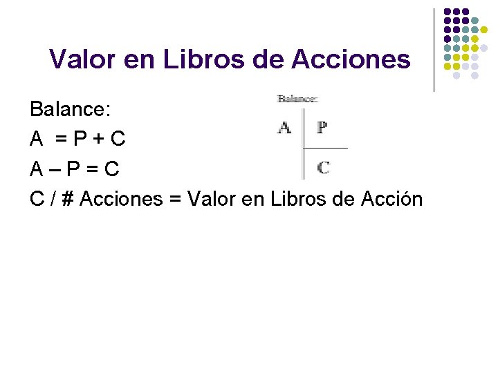 Valor en Libros de Acciones Balance: A =P+C A–P=C C / # Acciones =