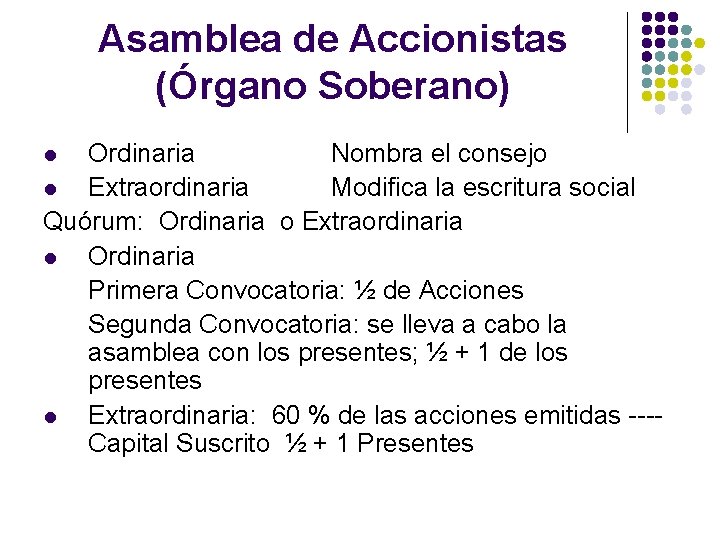 Asamblea de Accionistas (Órgano Soberano) Ordinaria Nombra el consejo l Extraordinaria Modifica la escritura