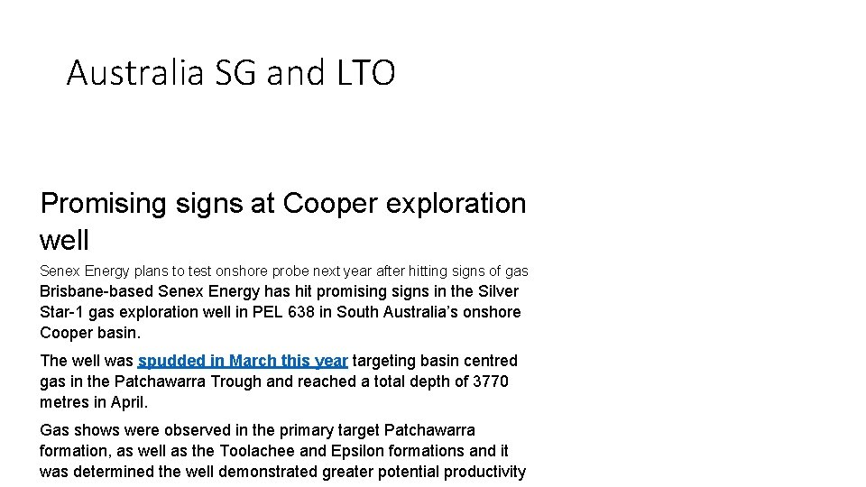 Australia SG and LTO Promising signs at Cooper exploration well Senex Energy plans to