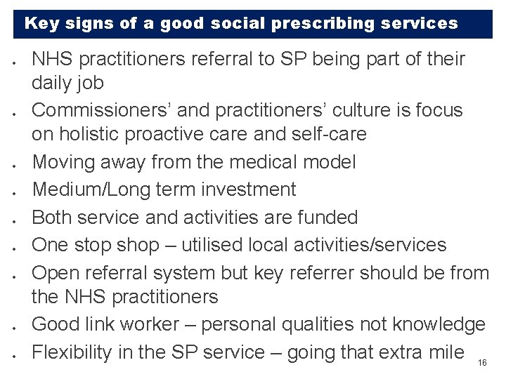 Key signs of a good social prescribing services NHS practitioners referral to SP being