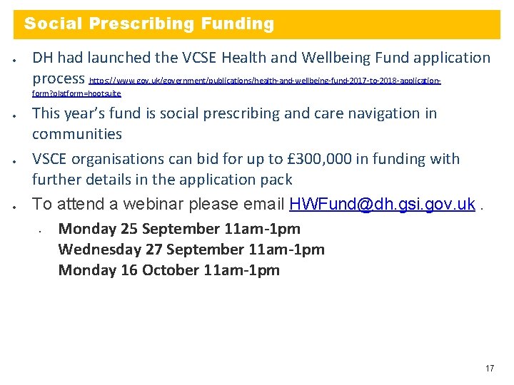 Social Prescribing Funding DH had launched the VCSE Health and Wellbeing Fund application process