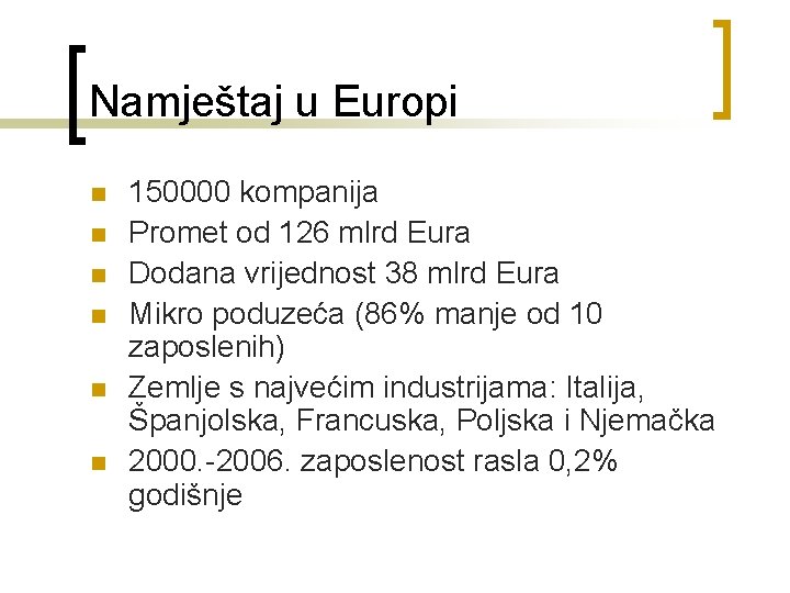 Namještaj u Europi n n n 150000 kompanija Promet od 126 mlrd Eura Dodana