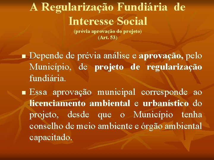 A Regularização Fundiária de Interesse Social (prévia aprovação do projeto) (Art. 53) n n