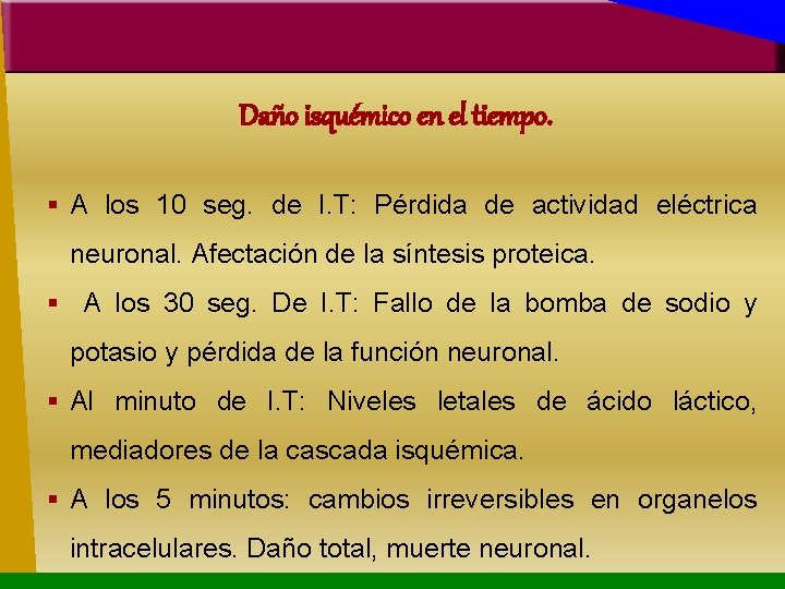Daño isquémico en el tiempo. A los 10 seg. de I. T: Pérdida de