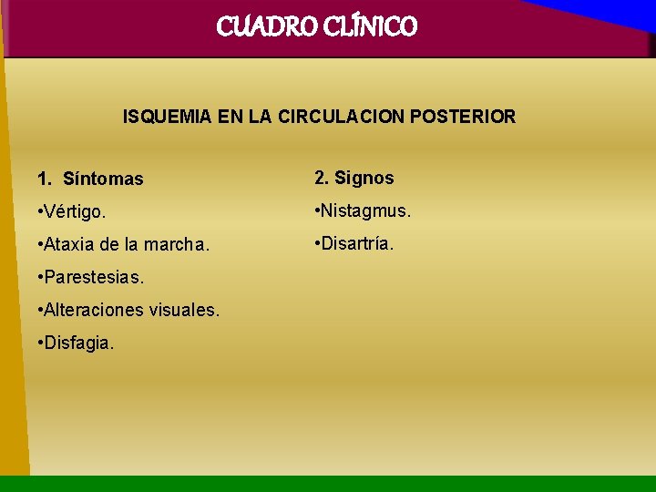 CUADRO CLÍNICO ISQUEMIA EN LA CIRCULACION POSTERIOR 1. Síntomas 2. Signos • Vértigo. •