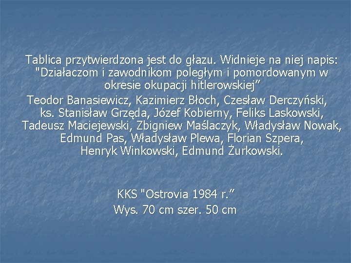 Tablica przytwierdzona jest do głazu. Widnieje na niej napis: "Działaczom i zawodnikom poległym i