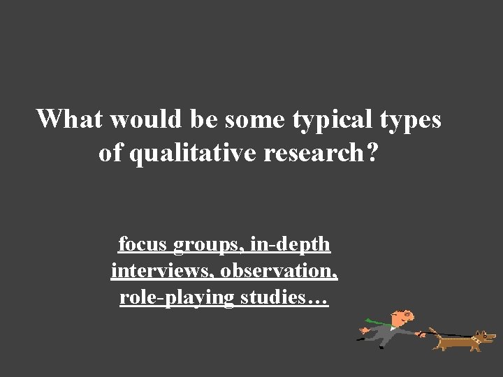 What would be some typical types of qualitative research? focus groups, in-depth interviews, observation,