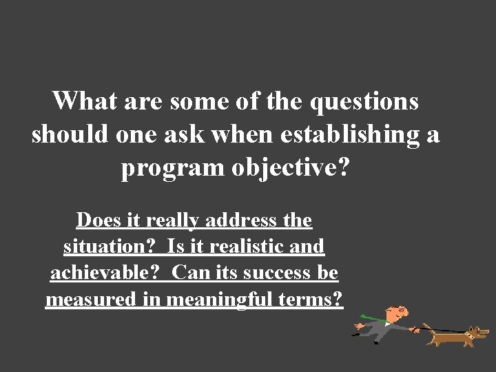 What are some of the questions should one ask when establishing a program objective?