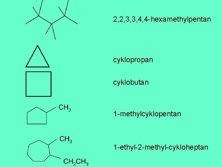 2, 2, 3, 3, 4, 4 -hexamethylpentan cyklopropan cyklobutan 1 -methylcyklopentan 1 -ethyl-2 -methyl-cykloheptan