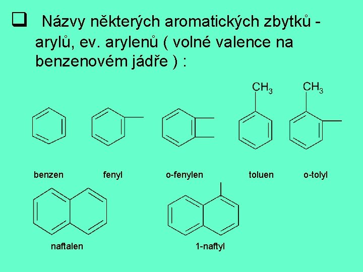 q Názvy některých aromatických zbytků - arylů, ev. arylenů ( volné valence na benzenovém
