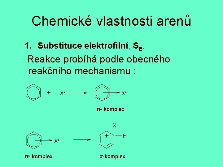 Chemické vlastnosti arenů 1. Substituce elektrofilní, SE. Reakce probíhá podle obecného reakčního mechanismu :