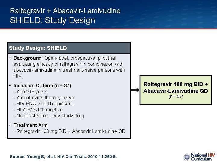 Raltegravir + Abacavir-Lamivudine SHIELD: Study Design: SHIELD • Background: Open-label, prospective, pilot trial evaluating