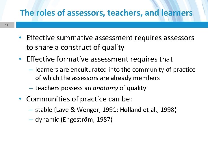 The roles of assessors, teachers, and learners 10 • Effective summative assessment requires assessors