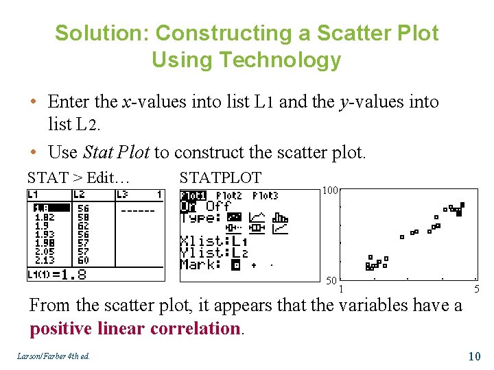 Solution: Constructing a Scatter Plot Using Technology • Enter the x-values into list L